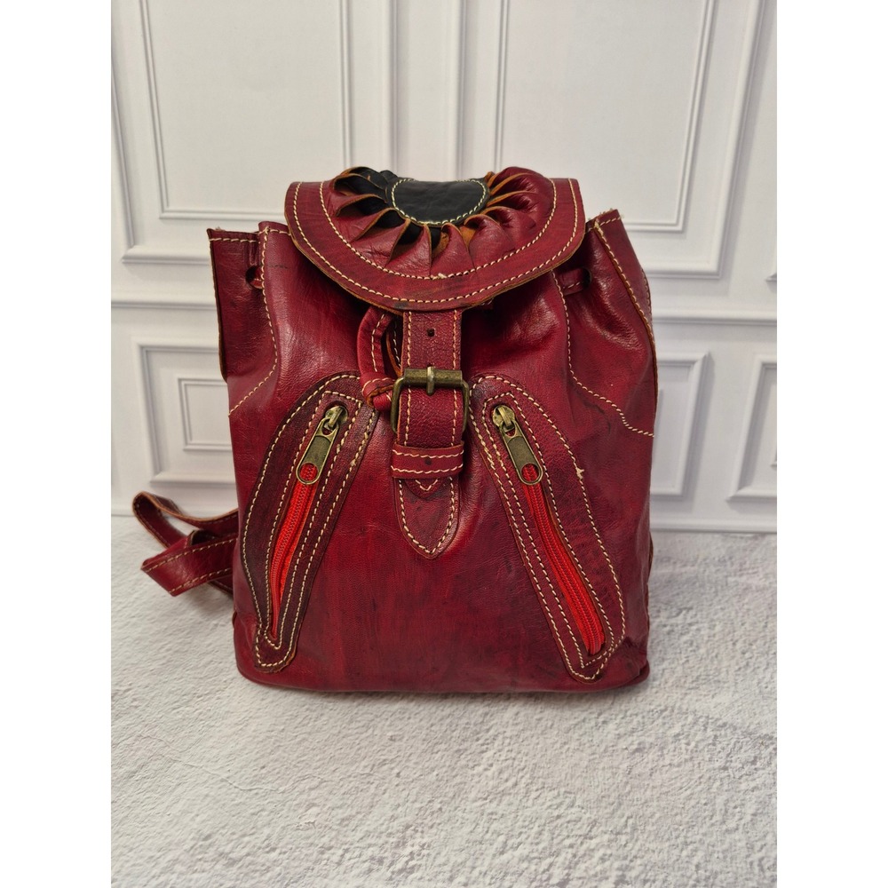 Artisan Red Leather Sunburst Backpack Boho Handcrafted Rucksack Bag